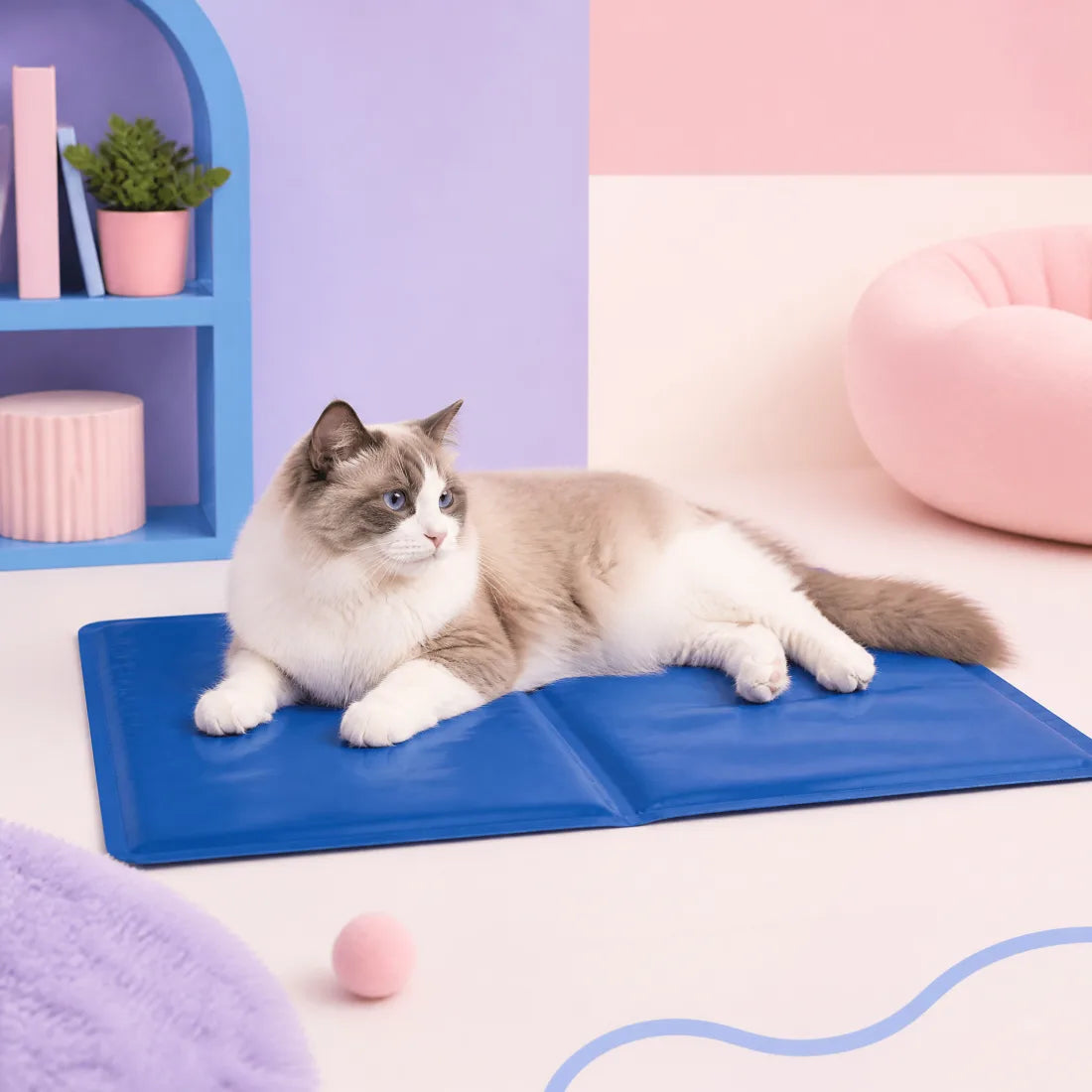 A ragdoll cat lounging on the blue Furlabs mat in a pastel room
