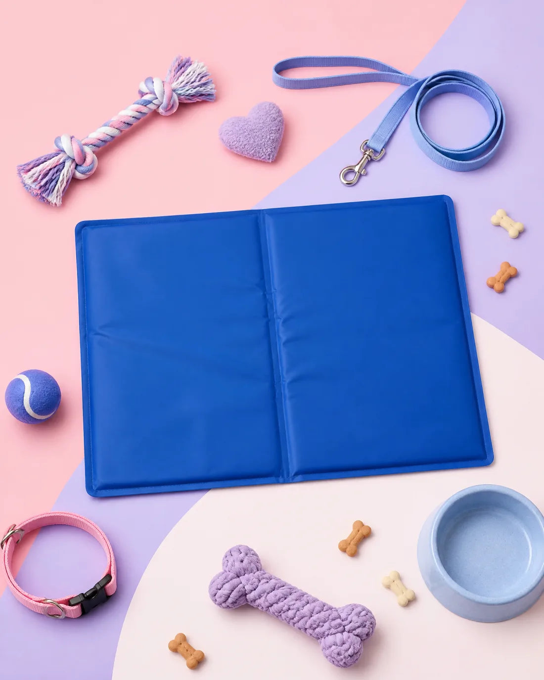 The Furlabs mat surrounded by pastel pet toys, treats and a leash