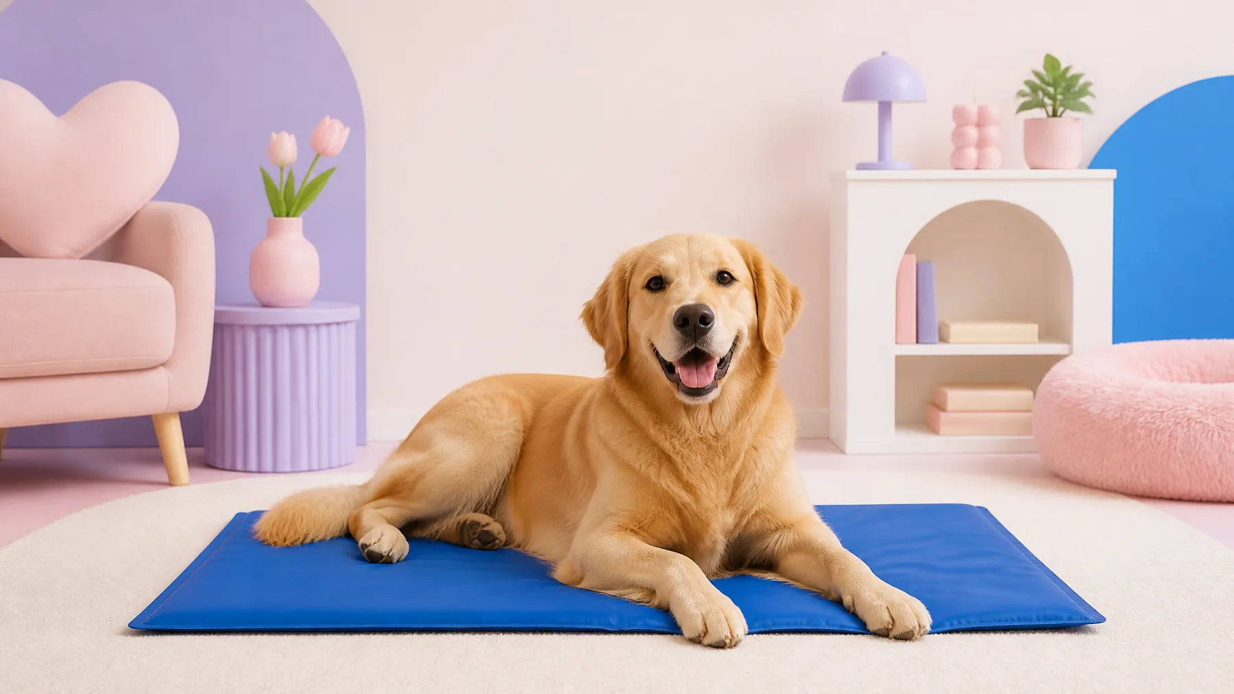 A golden retriever resting on the blue Furlabs mat in a pastel living room