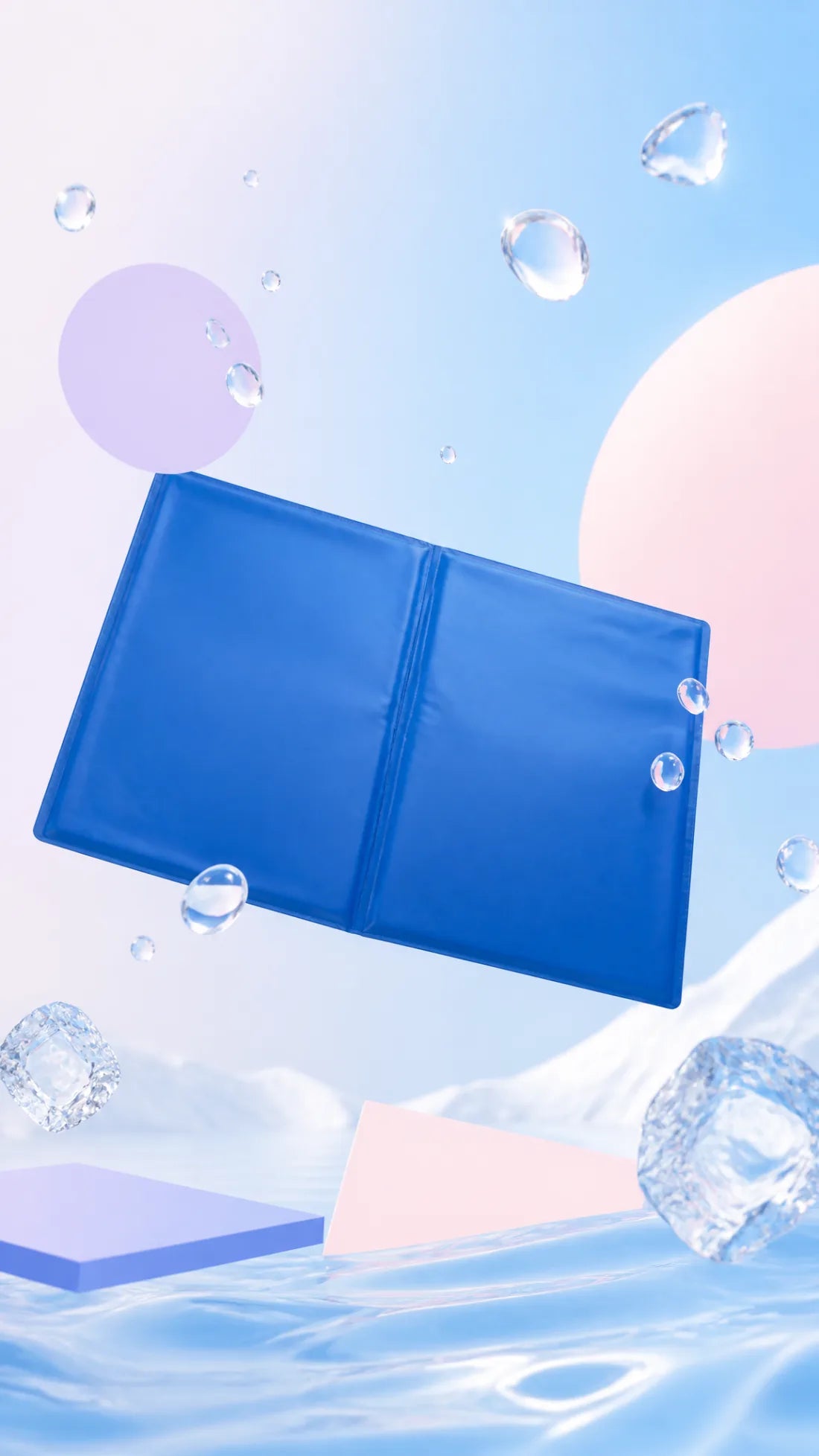 The Furlabs mat floating over cool water with ice cubes and bubbles